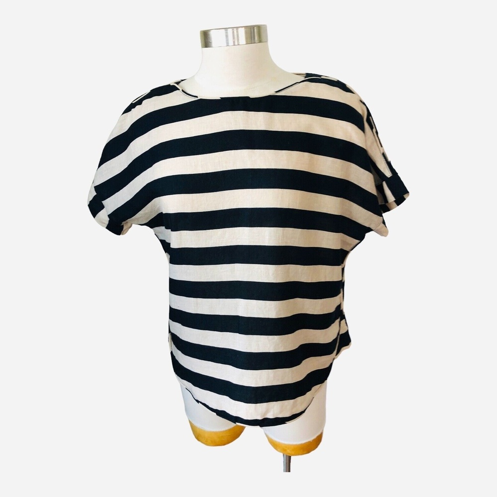 Zara Linen Striped Beige Black Boxy Cropped Dolman Sleeves Pullover Top Women S